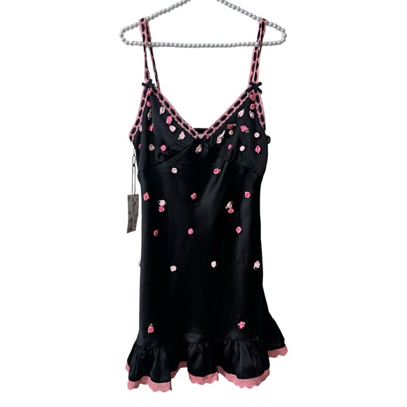 Betsey Johnson X Forever 21 Black Satin Mini Dress Pink Rosette Embellishments - Picture 2 of 15